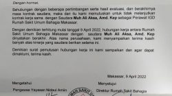 Terkait adanya informasi Pemutusan Hubungan Kerja (Kontrak) pada karyawan Rumah Saki Bahagia Makassar tempo hari, tanggal 9 April 2022